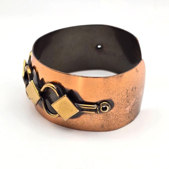 VTG Brutalist Wide Copper Cuff Bracelet 6.5" Gold-Tone Diamond & Loop Design 70s - Picture 2 of 8